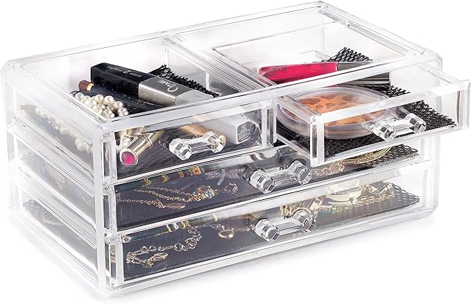 Masirs Clear Makeup Organizer – 16-Compartment Cosmetic and Jewelry Holder, 4-Drawer Vanity Storage, Elegant Clear Design for Makeup and Accessories