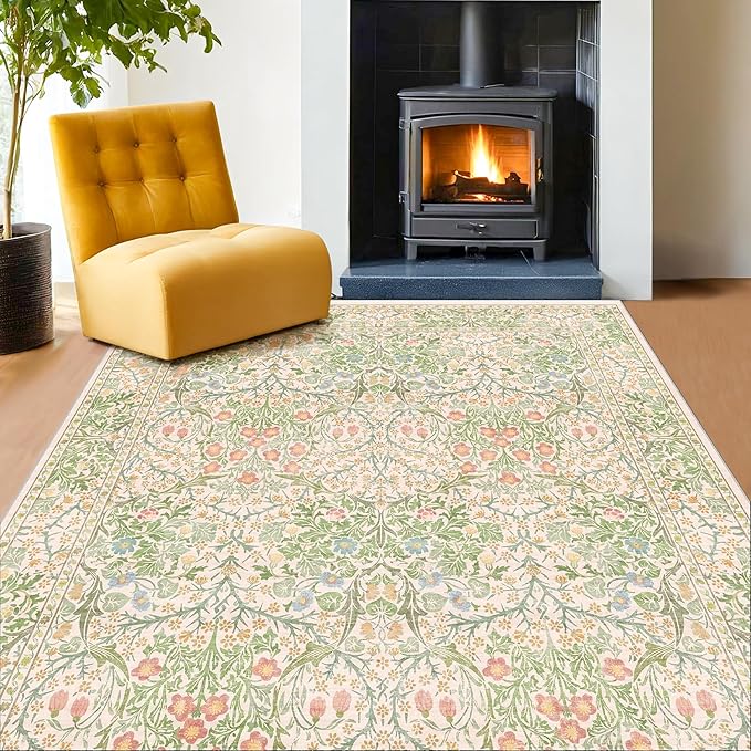 Light Beige Green Living Room Rug, 6x9 Washable Area Rug for Kids Room, Bedroom, Nursery Room, Living Room, Dining Room, Low Pile Non-Slip - Vintage Design & Stain Resistance