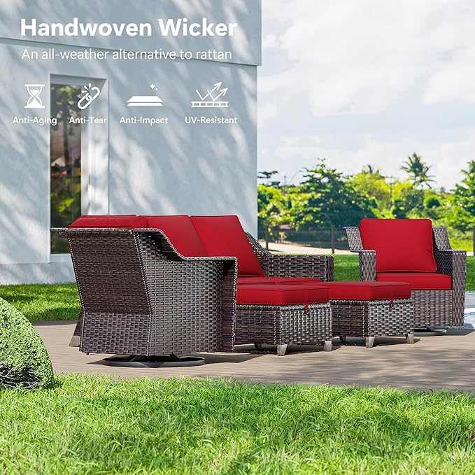 5 Pieces Wicker Patio Furniture, Luxury Outdoor Furniture with 2 Patio Swivel Chair, 2 Patio Ottoman and 1 Side Table, Wide Armrest, Thickened Cushions, Ideal for Deck, Porch Use