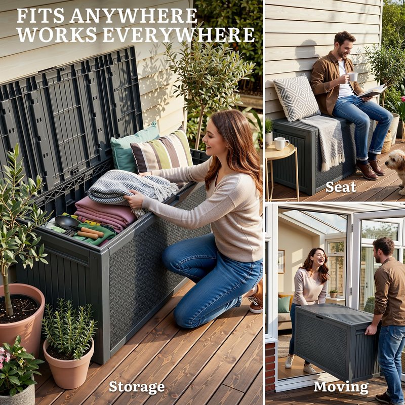 YITAHOME 95 Gallon Outdoor Storage Deck Box, Waterproof Resin Deck Box w/Handles, Lockable Outdside Deck Box for Patio Furniture, Garden Tools, Lockable & UV Resistant(Dark Gray)