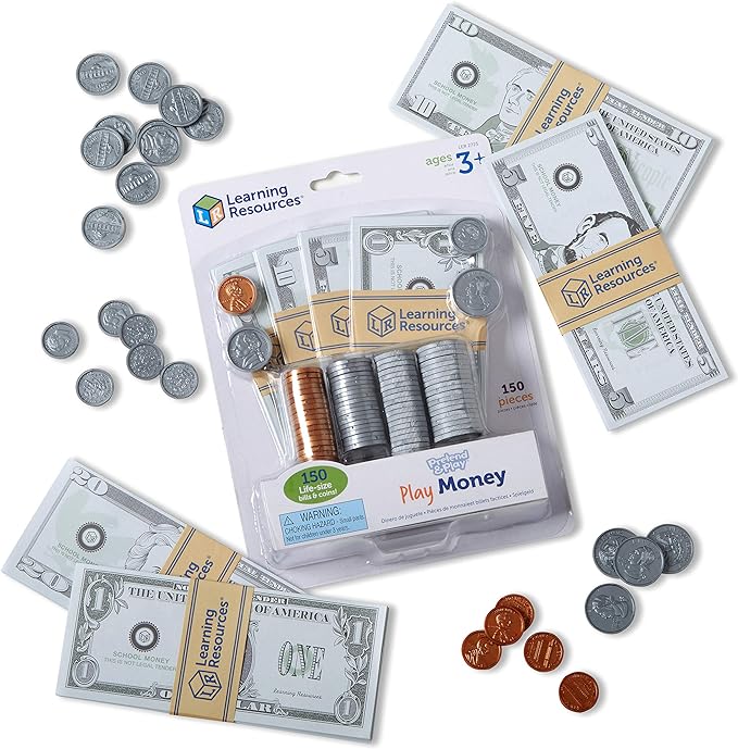 Learning Resources Pretend Play Money - Math Manipulatives for Kids, Kids Bank, Plastic Coins, Cash Register, Toddler , Homeschool Supplies, Fine Motor Skills, Teaching Set Manipulatives