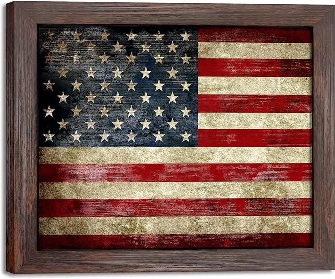 Wieco Art Old Vintage American Flag Wall Art Canvas Print Motivation Classroom Decor With Red Picture Frame and Real Glass Made to Display 5x7" with Mat or 8x10" Without Mat for Home Office Wall Decoration