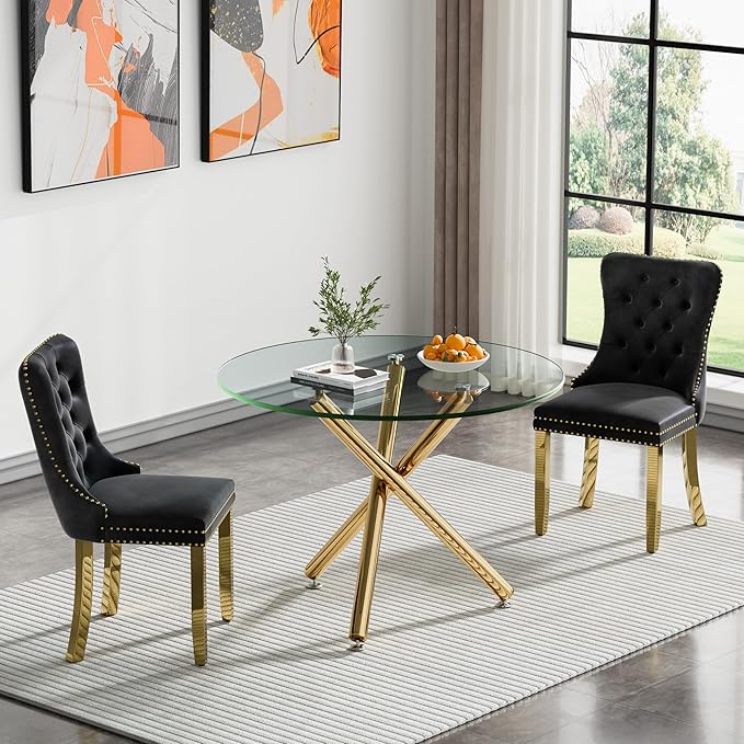 36" Round Glass Dining Room Table for 4 with Tempered Glass Top and Gold Chrome Metal Tube Legs, Modern Clear Kitchen and Dinner Table for Home Office Dining Room
