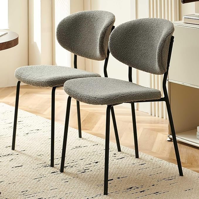 3-Pieces Kitchen Dining Table Set for 2, Grey Round Table MDF with 4 Metal Hooks for Hanging, Modern Dining Table Set with 2 Seated Grey Boucle Dining Chairs for Living Room, Apartment