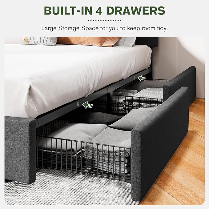 MUTICOR Full Size Bed Frame with 4 Storage Drawers, Upholstered Platform Bed with Button Tufted Adjustable Headboard, No Box Spring Needed, Easy Assembly, Diamond Tufted, Dark Grey Fabric
