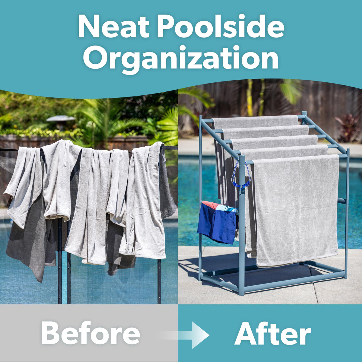 Coast Modern Pool Towel Rack – 5 Beach Towel PVC Drying Rack for Outdoor & Indoor Use - Stone Blue