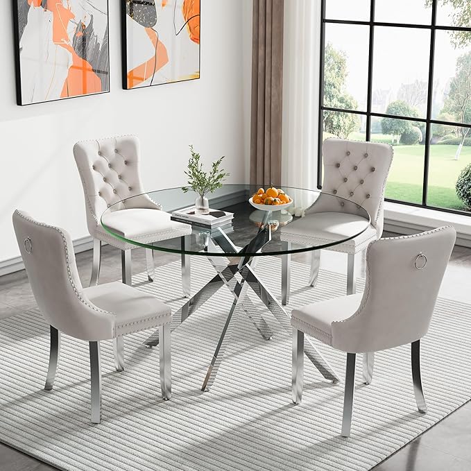 47.24" Round Glass Dining Room Table for 6 with Tempered Glass Top and Silver Metal Legs, Modern Clear Kitchen and Dinner Table for Home Office Dining Room