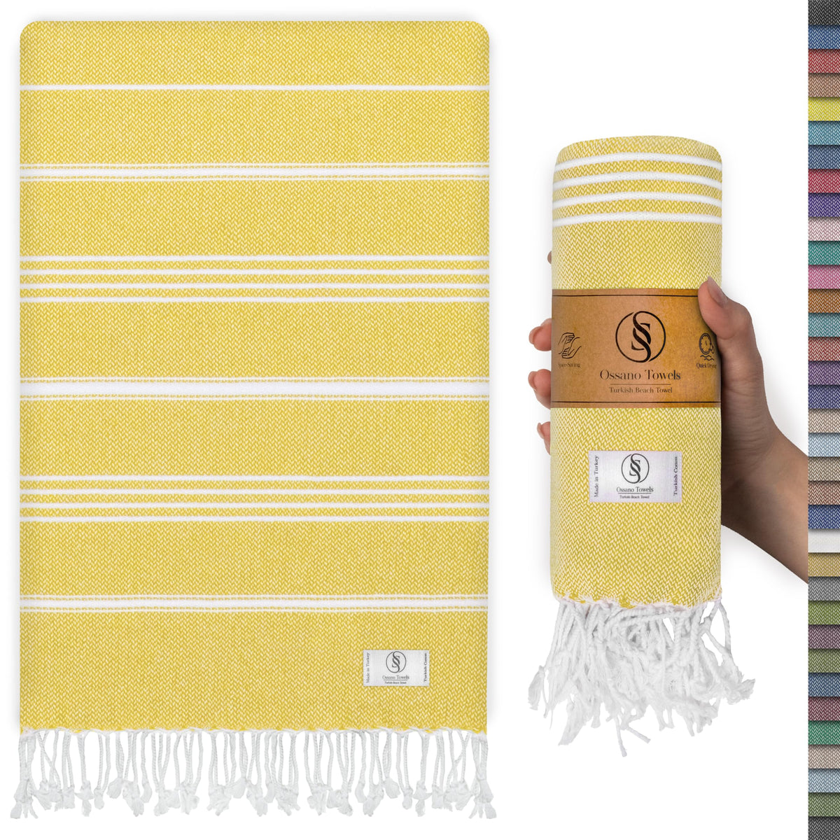 Ossano Turkish Beach Towel Quick Dry & Absorbent Oversized (39" x 71") - Compact, Versatile and Functional as Yoga Mat, Picnic Blanket, Travel Blanket, Bath, Camp and Shower Towel - Yellow