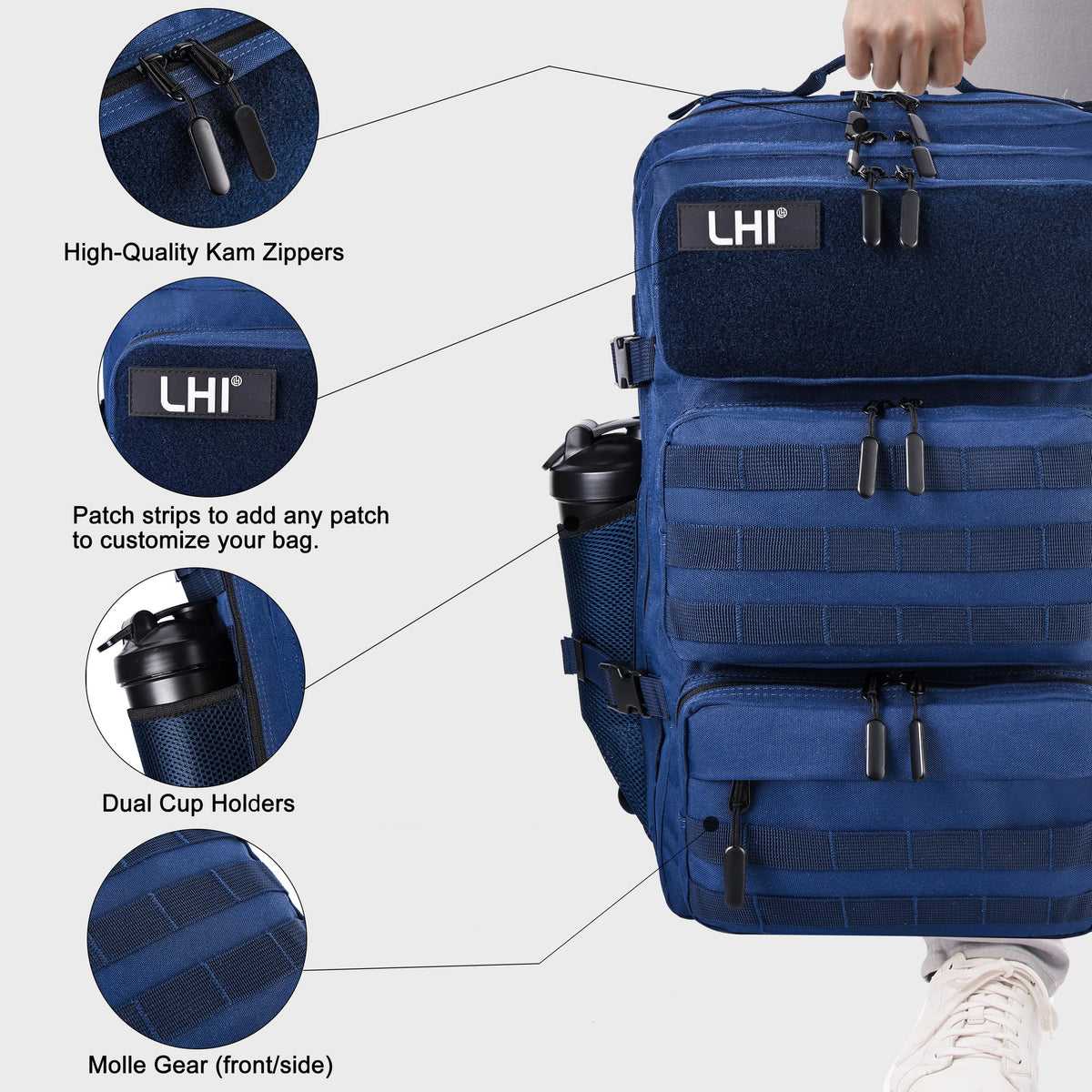 LHI Military Tactical Backpack for Men and Women 50L Army 3 Days Assault Pack Bag Large Rucksack with Shoe Compartment - Blue