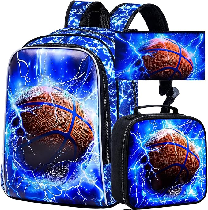 KLFVB 3PCS Boys Backpack, 17" Kids Bookbag and Lunch Box, Water Resistant Teenagers School Backpacks for Middle Elementary - Lightning Basketball