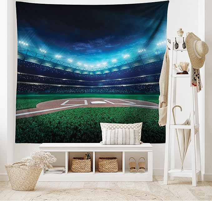 Ambesonne Baseball Tapestry, Professional Baseball Field at Night Vibrant Playground Stadium League Theme Print, Wide Wall Hanging for Bedroom Living Room Dorm, 80" X 60", Blue Green