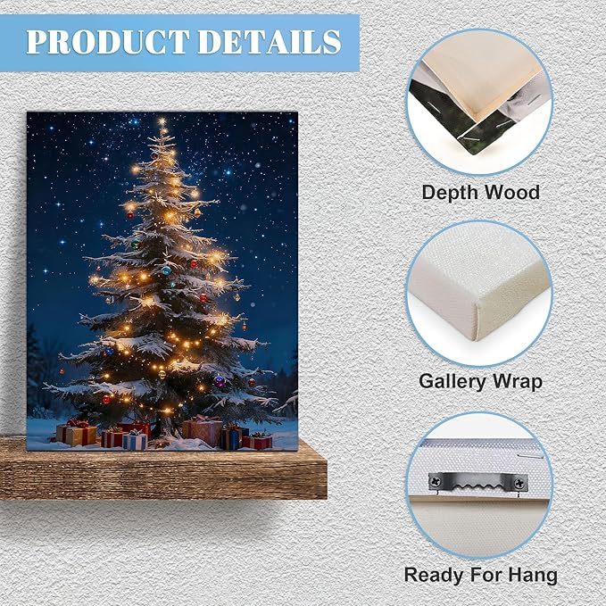 Framed Christmas Pictures Wall Decor,Vintage Pine Tree Prints,Winter Christmas Canvas Wall Art Decoration for Bedroom Bathroom Living Room Rustic Xmas Holiday Gifts (Christmas Tree 13, 16'' X 20'')