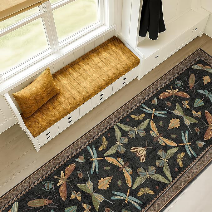 Black Insect 2'6"x10' Washable Extra Long Runner Rugs for Hallways, Non Skid Stain Resistant Wide Rug Runners for Kitchen, Entryway, Dark Floral Boho Butterfly Pattern Indoor Decor