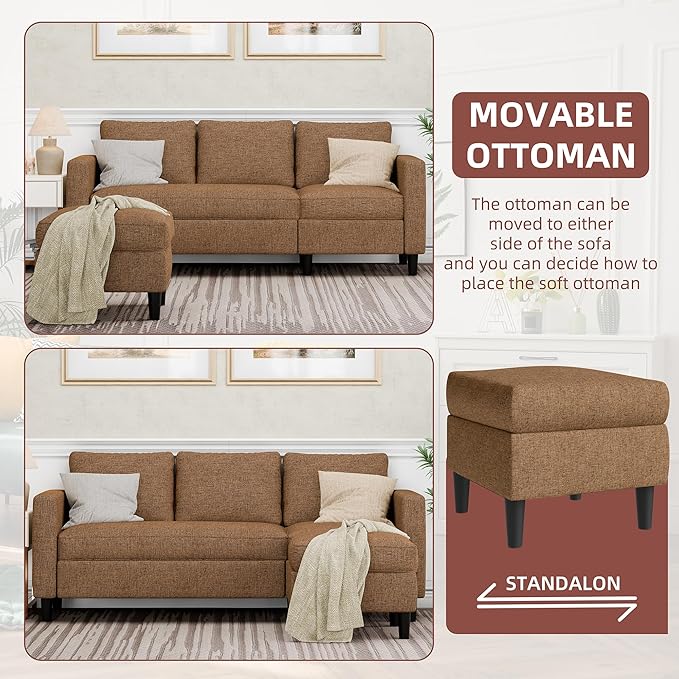 JAMFLY Sectional Sofa Couch Convertible L Shaped Sofas with Ottoman Small Sectional Couches for Living Room, 3 Seater Couch for Small Spaces, Brown