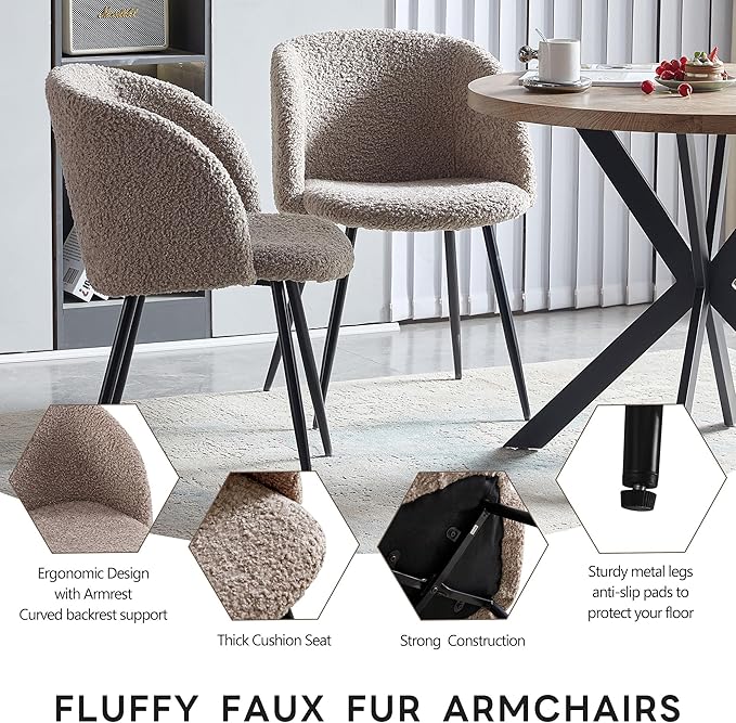 5 PCS Kitchen Dining Table Set, 37" Round Breakfast Dining Table MDF Tabletop, Space Saving Coffee Table Set for 4, Cozy Fluffy Sherpa Armchair Upholstered Dining Chairs with Metal Legs