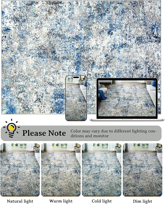 Washable Area Rug for Living Room: 6x9 Modern Abstract Neutral Soft Rug for Bedroom Dining Room No Slip Low Pile Carpet for Nursery Home Office - Grey/Blue