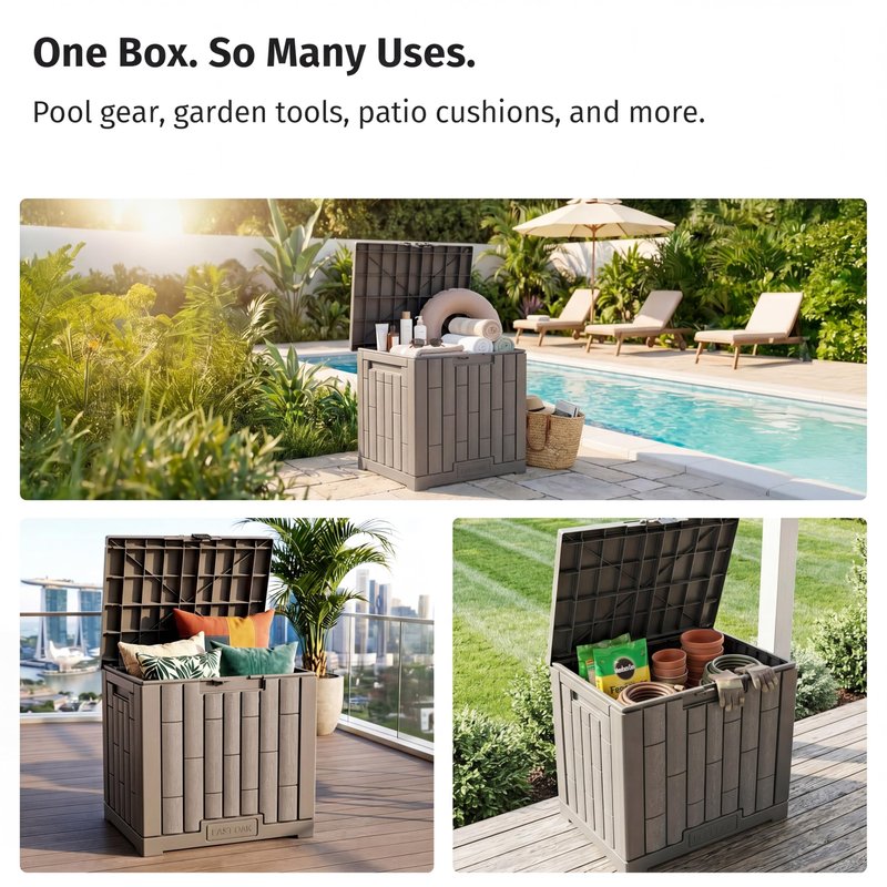 EAST OAK Outdoor Storage Box, 31 Gallon Deck Box, Waterproof Resin Storage Bin for Patio Cushions, Gardening Tools, Accessories, Lockable, UV Resistant, Brown