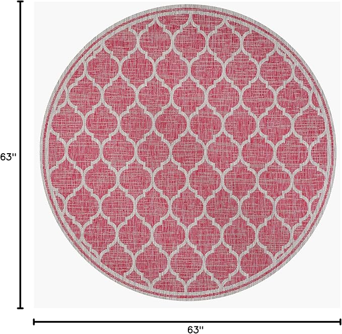 Eyely BMS109H-5R Santa Monica Trebol Moroccan Trellis Textured Weave Indoor/Outdoor Area Rug Coastal;Bohemian, Bedroom, Backyard, Patio, Easy-Cleaning, Non-Shedding, 5' Round, Fuchsia/Light Gray