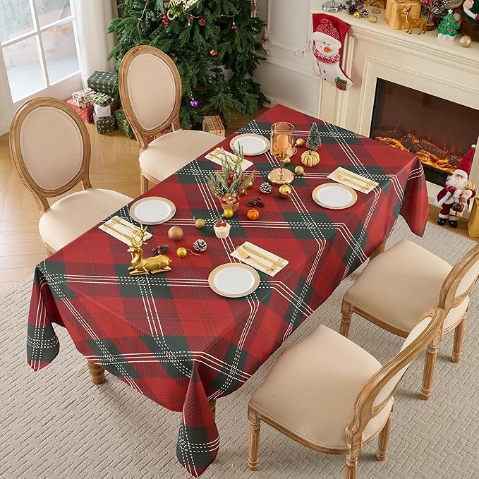 Christmas Tablecloth Rectangular 60x102 Inch Waterproof Table Cloth for 6ft, Washable Polyester Table Cover for Xmas Party, Winter Holiday Home Decoration in Festive Checkered Green 1pack