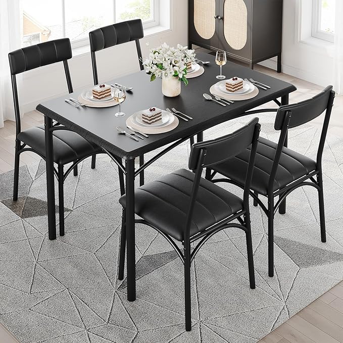 Kitchen Table and Chairs for 4, Rectangular Dining Set with Upholstered Chairs, Perfect for Small Spaces, Rustic Black