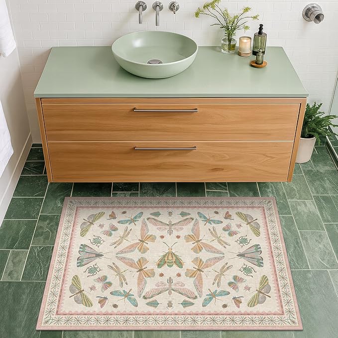 Light Pink Washable Bathroom Rug - 2x4 Small Kitchen Rugs for Powder Room, Front Door Indoor Entrance, Low Pile Stain Resistant, Colorful Pastel Aethestic