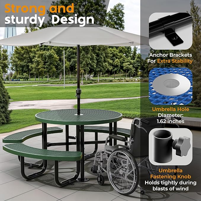 Metal Picnic Tables for Outdoors with Umbrella Hole - Coated Steel Heavy Duty Commercial Grade Furniture Set with Adjustable Seats (Green, 46 in, Round, Expanded Steel)