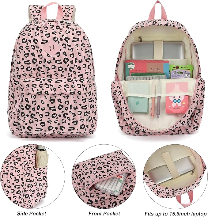 Corduroy Girls Backpack Set, 3PCS School Backpacks for Kids Elementary Middle School Bags with Lunch Box Pencil Case (Pink Corduroy Leopard)