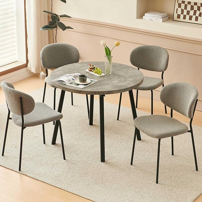 5-Pieces Kitchen Dining Table Set for 4, Grey Round Table MDF with 4 Metal Hooks for Hanging, Modern Dining Table Set with 4 Seated Grey Boucle Dining Chairs for Living Room, Apartment