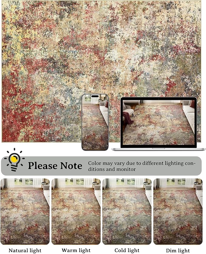 Washable Area Rug for Living Room: 9x12 Modern Abstract Neutral Soft Rug for Bedroom Dining Room No Slip Low Pile Carpet for Nursery Home Office - Red/Ivory