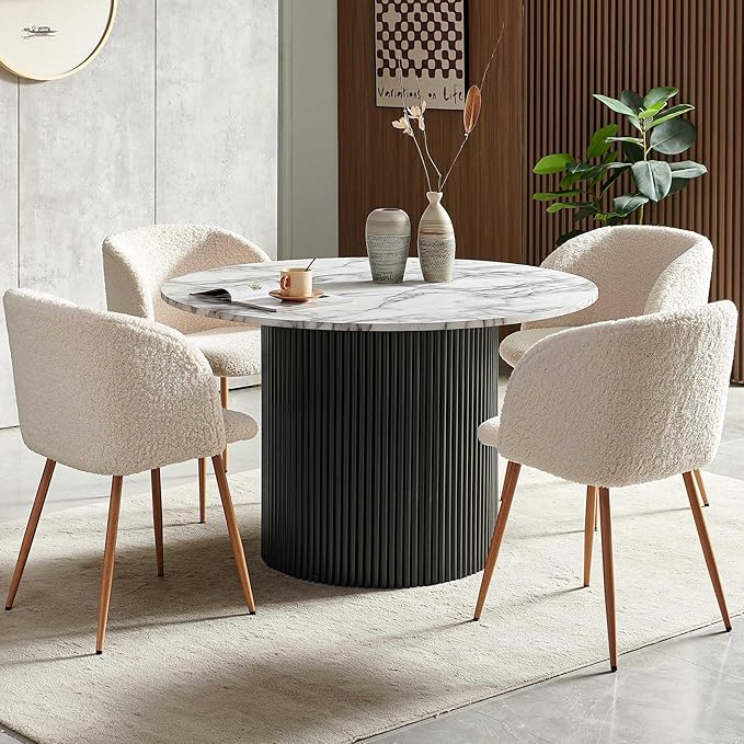 NORDICANA 5-Piece Wooden Round Dining Room Table and Chair Set, 47-Inch Kitchen Table with Barrel Chairs for 4, Off White Upholstered Sherpa Dining Set, MDF Core with White Marble Effect Finish