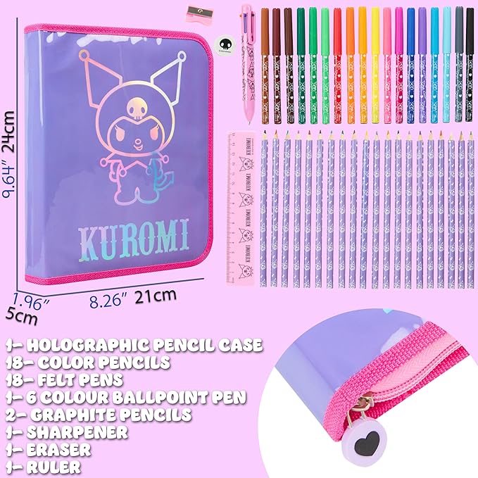 Hello Kitty Sanrio Pencil Case Kids Colored Pencils Markers Kawaii Kuromi Stationery Gifts for Kids (Purple Kuromi)