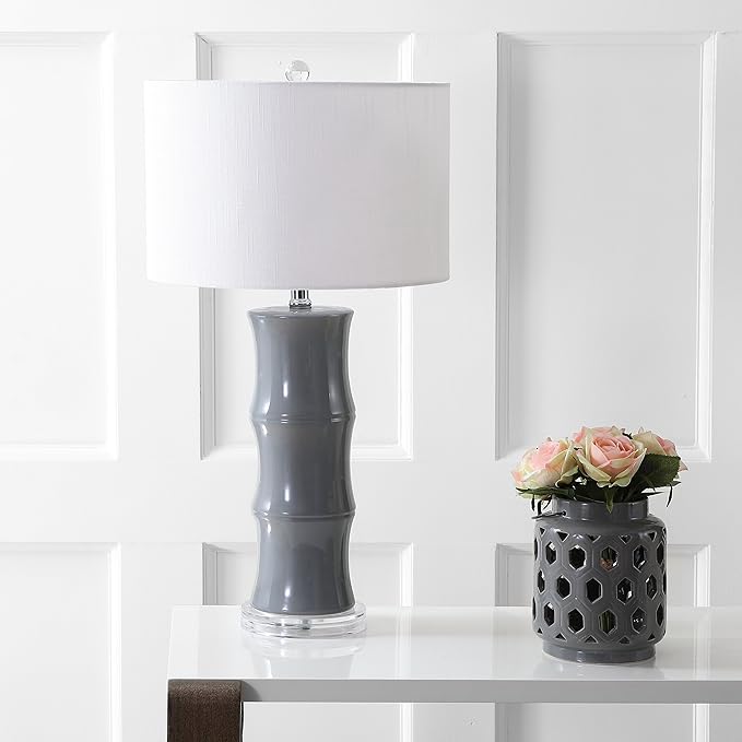 JONATHAN Y 26.5" Gray Ceramic Table Lamp for Living Room, Bedroom Nightstand, White Linen Drum Shade, Bamboo Design Modern Bedside Desk Lamp with LED Bulb Included (JYL3015B)