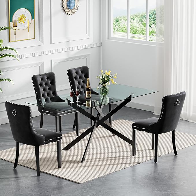 60" Rectangular Glass Dining Room Table for 6 with Tempered Glass Top and Black Metal Legs, Modern Clear Kitchen and Dinner Table for Home Office Dining Room