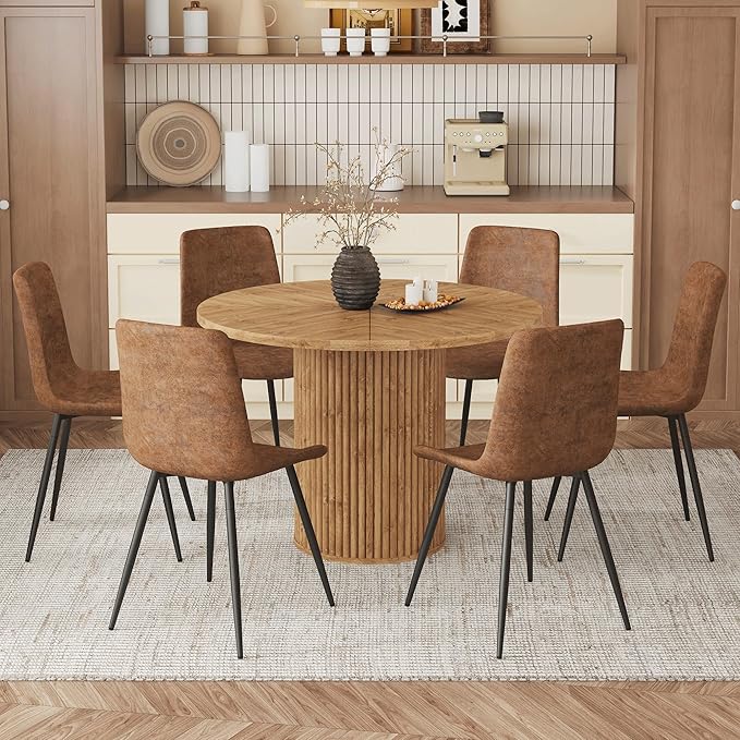 AZmac Round Dining Table Set for 6, Wooden Round Table 7-Piece with Modern Farmhouse Dining Table and 6 Suede Leather Chairs for Kitchen Dining Room, Wooden Table + 6 Saddle Brown Chairs