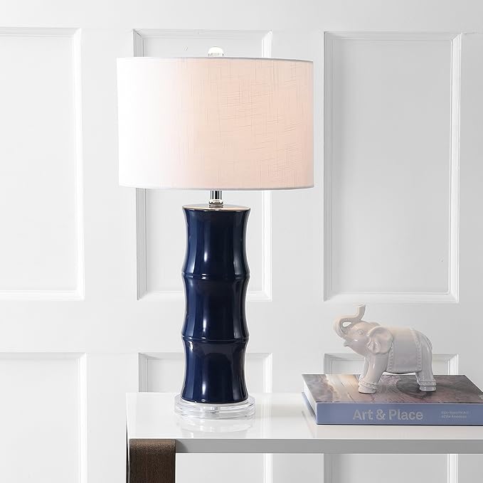 JONATHAN Y 26.5" Navy Blue Ceramic Table Lamp for Living Room, Bedroom Nightstand, White Linen Drum Shade, Bamboo Design Modern Bedside Desk Lamp with LED Bulb Included JYL3015A