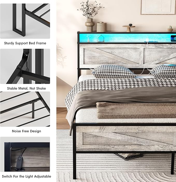 Vabches Queen Size Bed Frame with Headboard and Charging Station, Wash Grey Platform Bed Frame with Led Light, No Box Spring Needed, Noise Free Farmhouse Bedroom Set