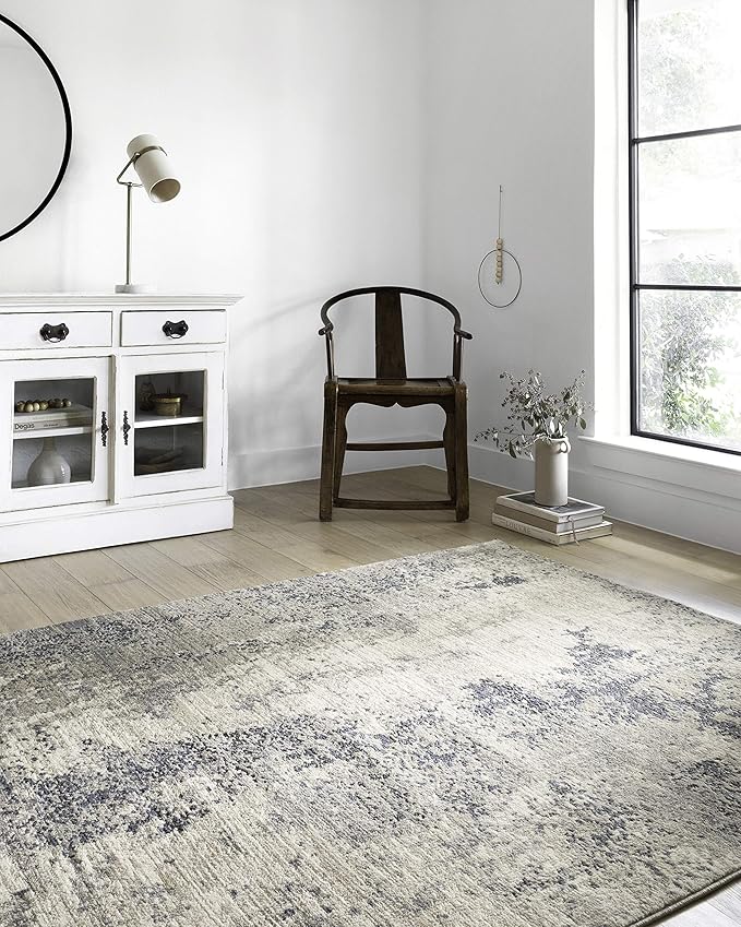 Loloi Teagan Collection TEA-07 Natural/Denim 3'-4" x 5'-7" Accent Rug, Large, Soft Neutral Rug, High-Traffic for Living Room, Bedroom, Home Office, Dining Area