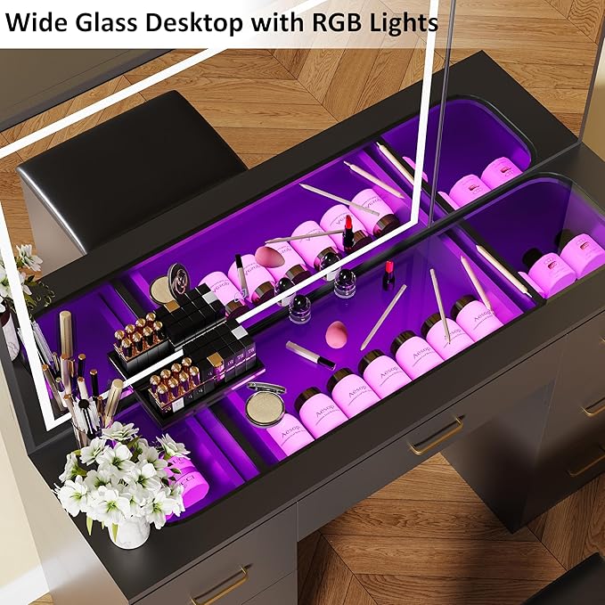 Glass Top Makeup Vanity Desk with Large Mirror and LED Lights,Vanity Stool&Storage Bench,Black Vanity with Hidden Storage Mirror Cabinet&7 Drawers,Makeup Organizer Countertop for Room
