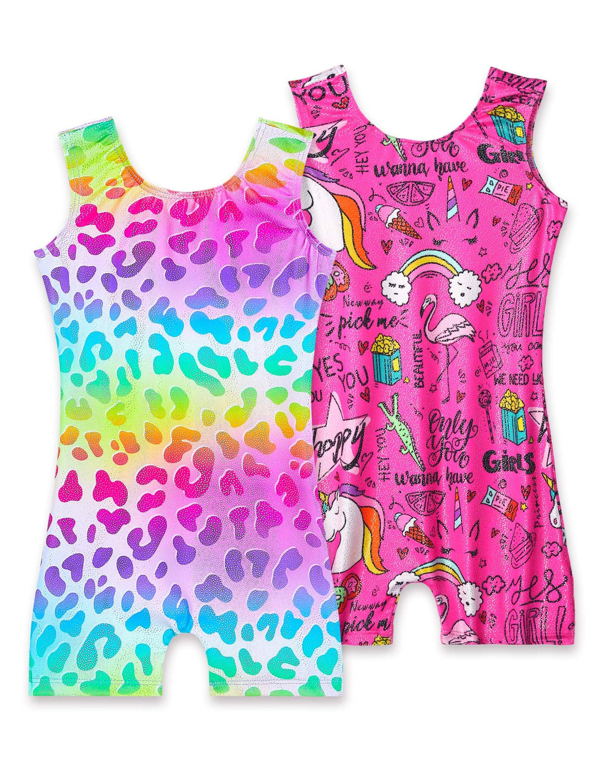 Nokecina Girls Leotards for Gymnastics Size 4t 5t Rainbow Cheetahs Unitards Hotpink Cartoon Biketards 2 Pack Gym Outfits