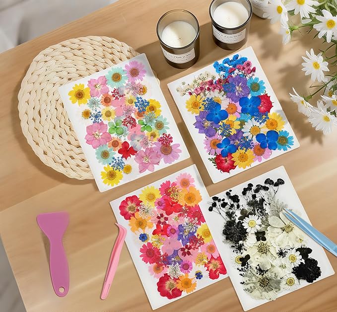 Tessera 160+ Pcs Real Pressed Flowers for Resin & Crafts - 4 Themed Dried Flower Sheets with 4-Piece DIY Tool Kit - for Resin Jewelry Making, Scrapbooking Supplies, Nail Art, Candle & DIY Gifts