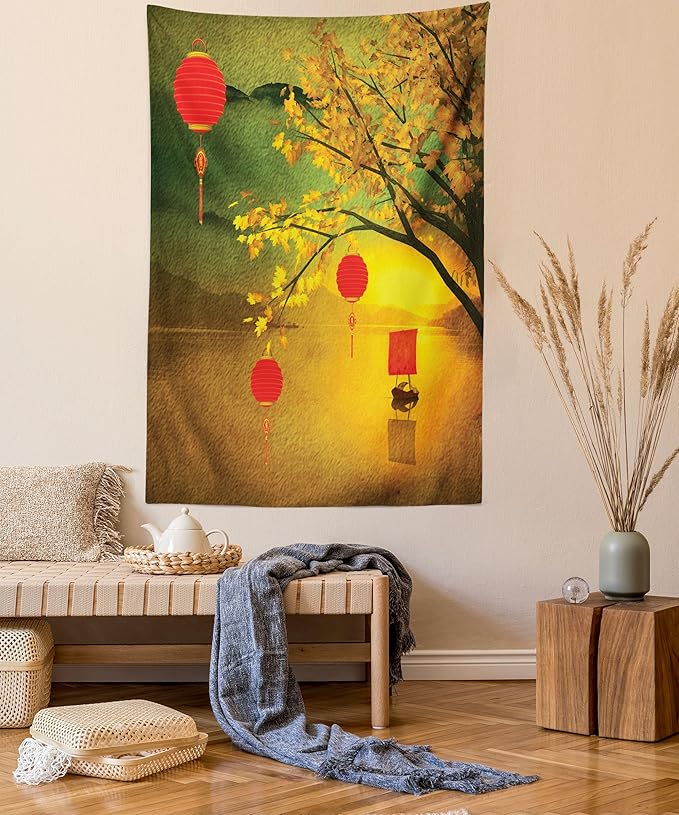 Ambesonne Oriental Tapestry, Traditional Chinese Folk Hanging from Pale Fall Trees Lake Faded Nature Photo, Fabric Wall Hanging Decor for Bedroom Living Room Dorm, 30" X 45", Yellow Green