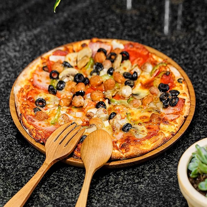Rainforest Bowls Set of 4 12" Round Javanese Teak Wood Dinner Plates- Perfect for Everyday Use- Hot & Cold Friendly, Ultra-Durable, Premium Wooden Plates- Handcrafted by Indonesian Artisans