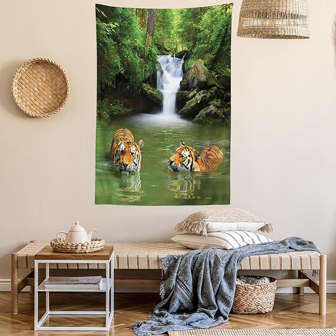 Ambesonne Savannah Tapestry Twin Size, Siberian Tigers in Water Waterfall Pool Woodland Swimming Natural, Wall Hanging Bedspread Bed Cover Wall Decor, 68" X 88", Reseda Green Orange