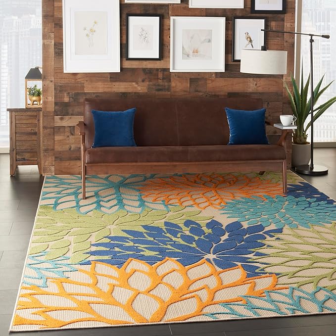 Nourison Aloha Indoor/Outdoor Multicolor 7'10" x 10'6" Area Rug, Tropical, Botanical, Easy Clean, Non Shedding, Bed Room, Living Room, Dining Room, Deck, Backyard, Patio (8x10)