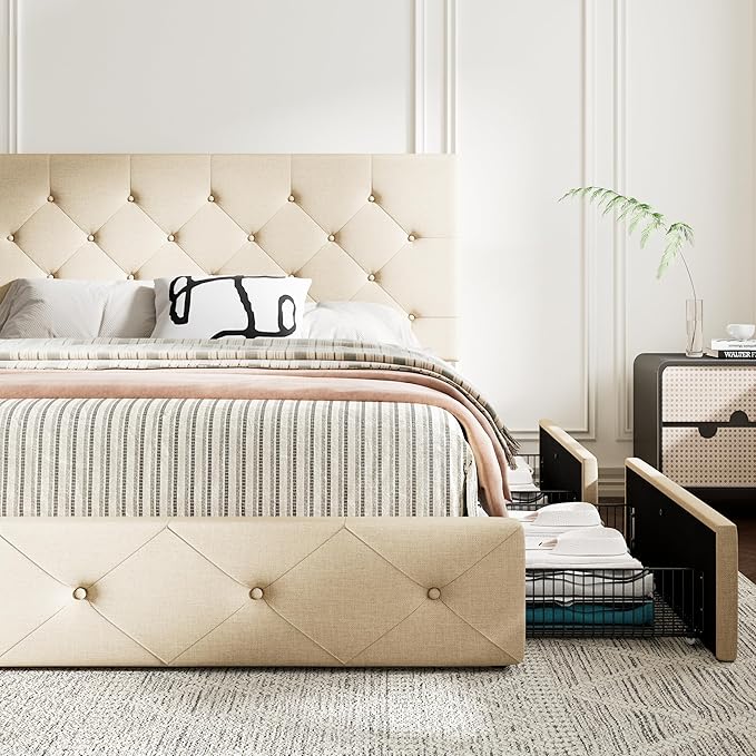 MUTICOR King Size Bed Frame with 4 Storage Drawers, Upholstered Platform Bed with Button Tufted Adjustable Headboard, No Box Spring Needed, Easy Assembly, Diamond Tufted, Beige Fabric