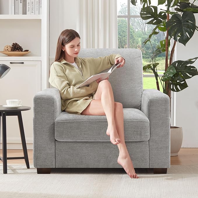 Ihanherry 39 Inch Sofa Single with Side Pocket, Comfy Modern 1-Seat Sofa for Living Room & Bedroom, Removable Medium Firm Sofa Cushion, Breathable Chenille Fabric, Grey