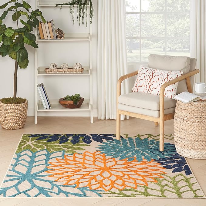 Nourison Home Aloha Indoor/Outdoor Multicolor 5'3" x 5'3"Square Area Rug, Tropical, Botanical, Easy Cleaning, Non Shedding, Bed Room, Living Room, Dining Room, Deck, Backyard, Patio (5 Square)