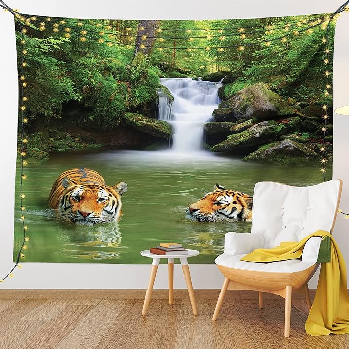 Ambesonne Savannah Tapestry Twin Size, Siberian Tigers in Water Waterfall Pool Woodland Swimming Natural, Wall Hanging Bedspread Bed Cover Wall Decor, 68" X 88", Reseda Green Orange