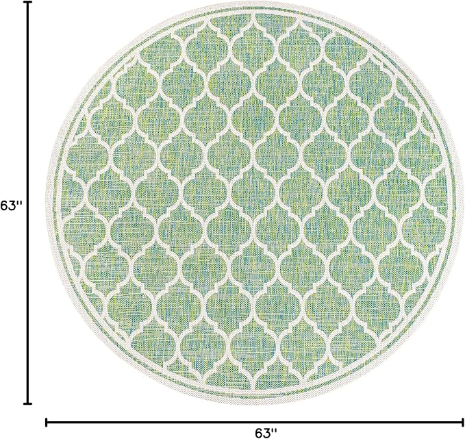 Eyely BMS109I-5R Santa Monica Trebol Moroccan Trellis Textured Weave Indoor/Outdoor Area Rug Coastal;Bohemian, Bedroom, Backyard, Patio, Easy-Cleaning, Non-Shedding, 5' Round, Cream/Green