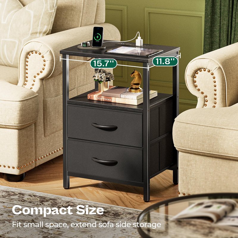 Huuger Night Stand with Charger Station and LED Lights, 2 Drawer Nightstand, Bed Side Table with Open Shelf, End Table, Fabric Drawers for Bedroom, Black